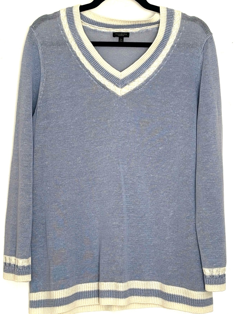 Talbots Linen V-Neck Varsity Sweater Light Blue Size 1XP 100% Linen